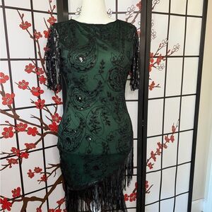 Chic Asymmetrical Black and Green Fringe Dress